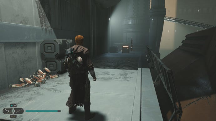 Cal approaches and picks up a collectible on Koboh in Jedi: Survivor.