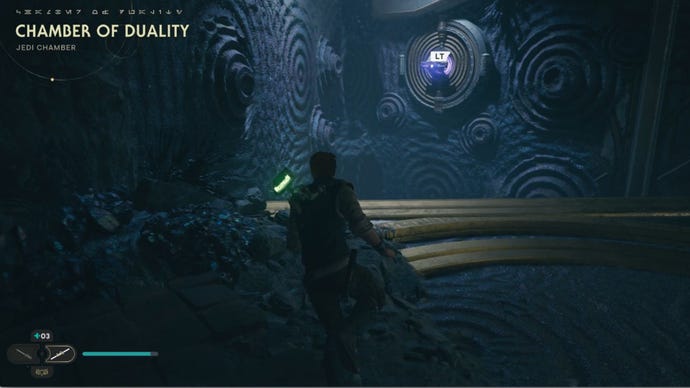 El orbe a la izquierda de la entrada en Star Wars Jedi: Survivor Chamber of Duality.