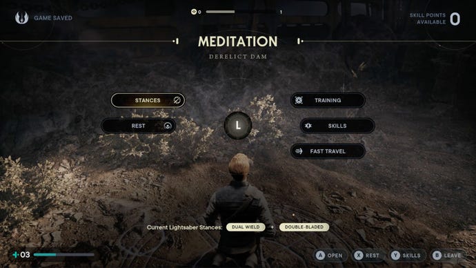 Interfaz de usuario del punto de meditación de Star Wars Jedi: Survivor Derelict Dam.