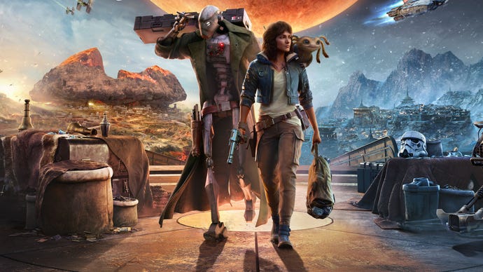 Kay Vess, a rogue, criminal type, walking along next to a tall security droid in some key art for Star Wars Outlaws