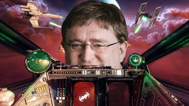 A screenshot from the cockpit of a spaceship in Star Wars Squadrons, Gabe Newell can be seen looking in the window