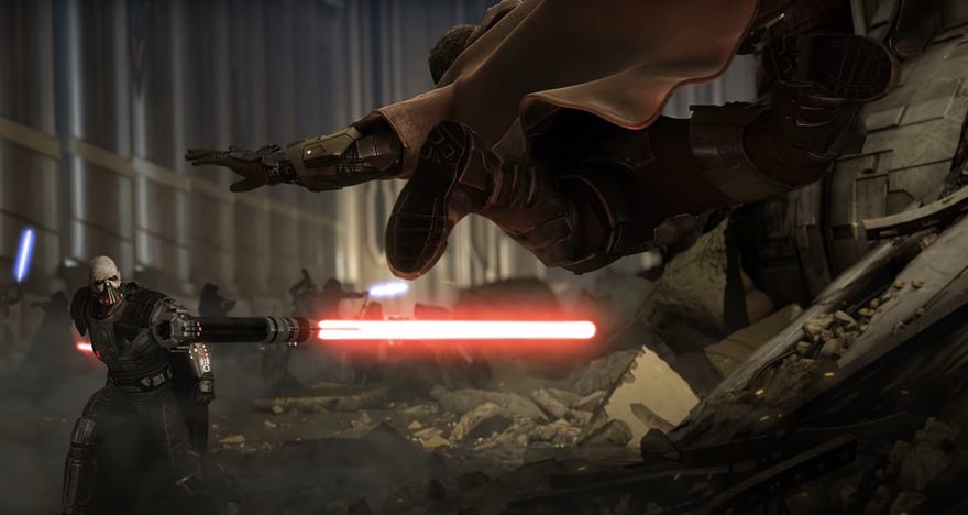 A still from Star Wars The Old Republic's "Deceived" trailer showing a Jedi slow-motion leaping over a lightsaber tossed by a Darth-type.