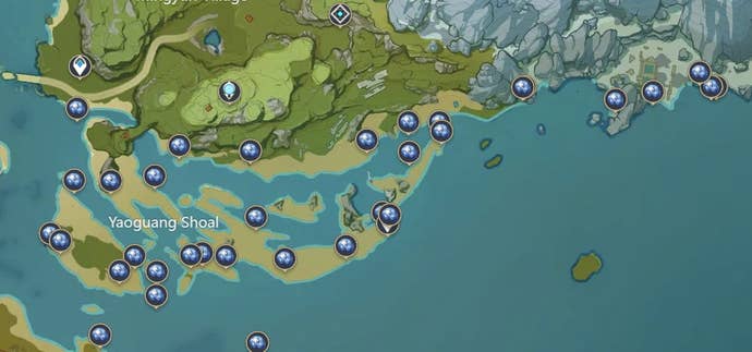 A map showing all Starconch locations in Liyue's Yaoguang Shoal area.