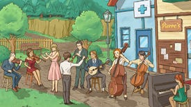 A line-up of orchestral musicians perform in front of Stardew Valley's clinic and Pierre's in artwork for the game's live concert Festival of Seasons