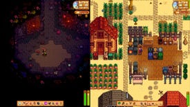 Stardew Valley split screen co-op: one player walks through the mins while the other processes metals on the farm.