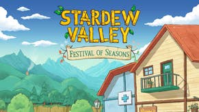 Key art for Stardew Valley: Festival of Seasons. The game's logo appears on a landscape of Stardew Valley with a pharmacy and Pierre's at the forefront