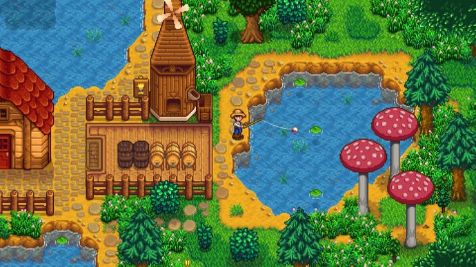 Fishing from a pond in a Stardew Valley screenshot.