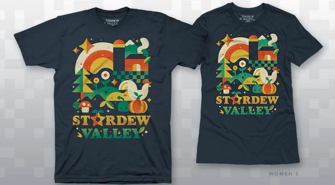 Men's and women's versions of a Stardew Valley t-shirt.
