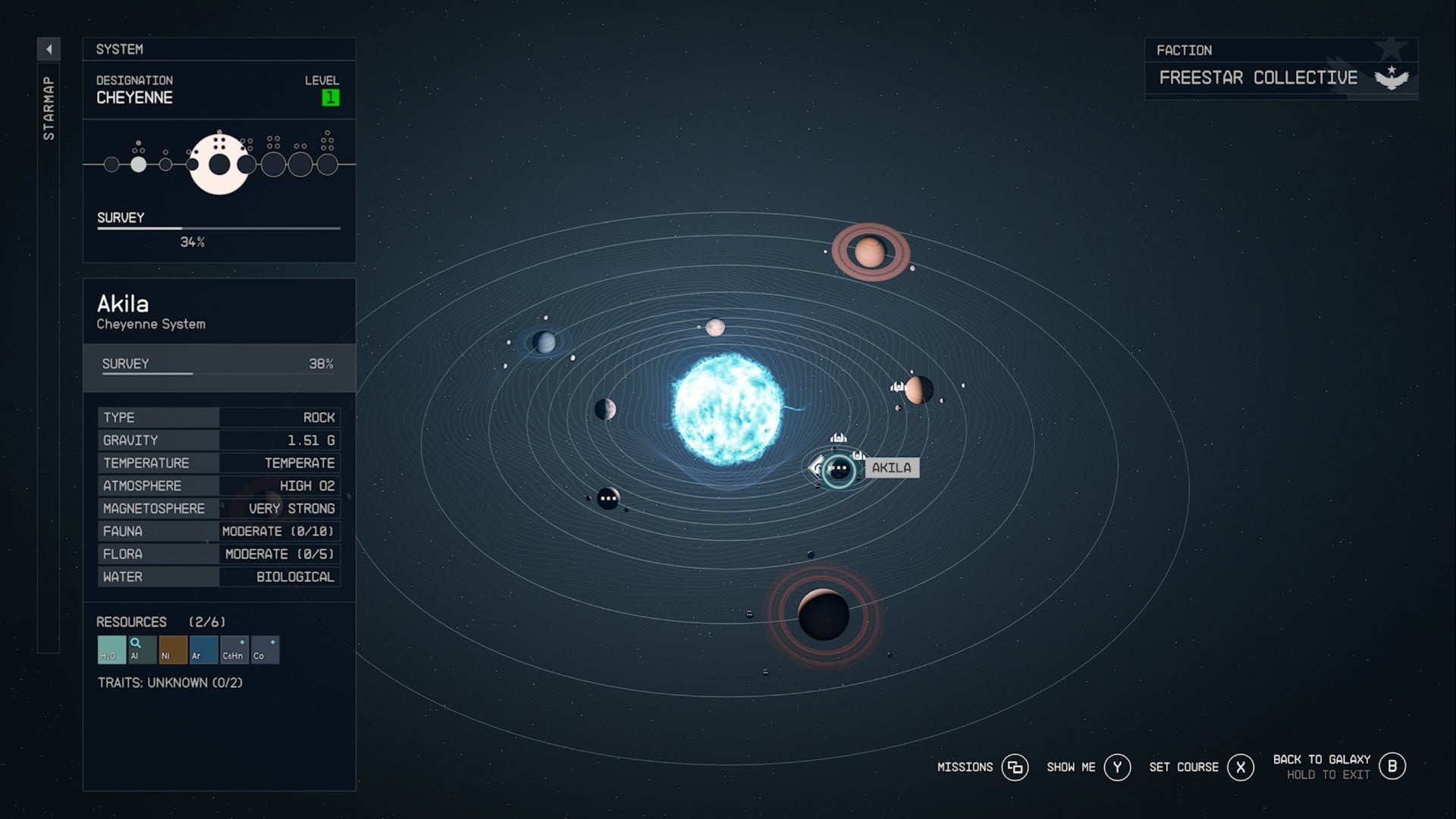 Ubicación del planeta Starfield Akila en el mapa estelar.
