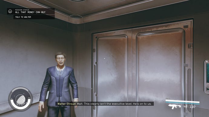 The player in Starfield stands in an elevator with Walter Stroud.