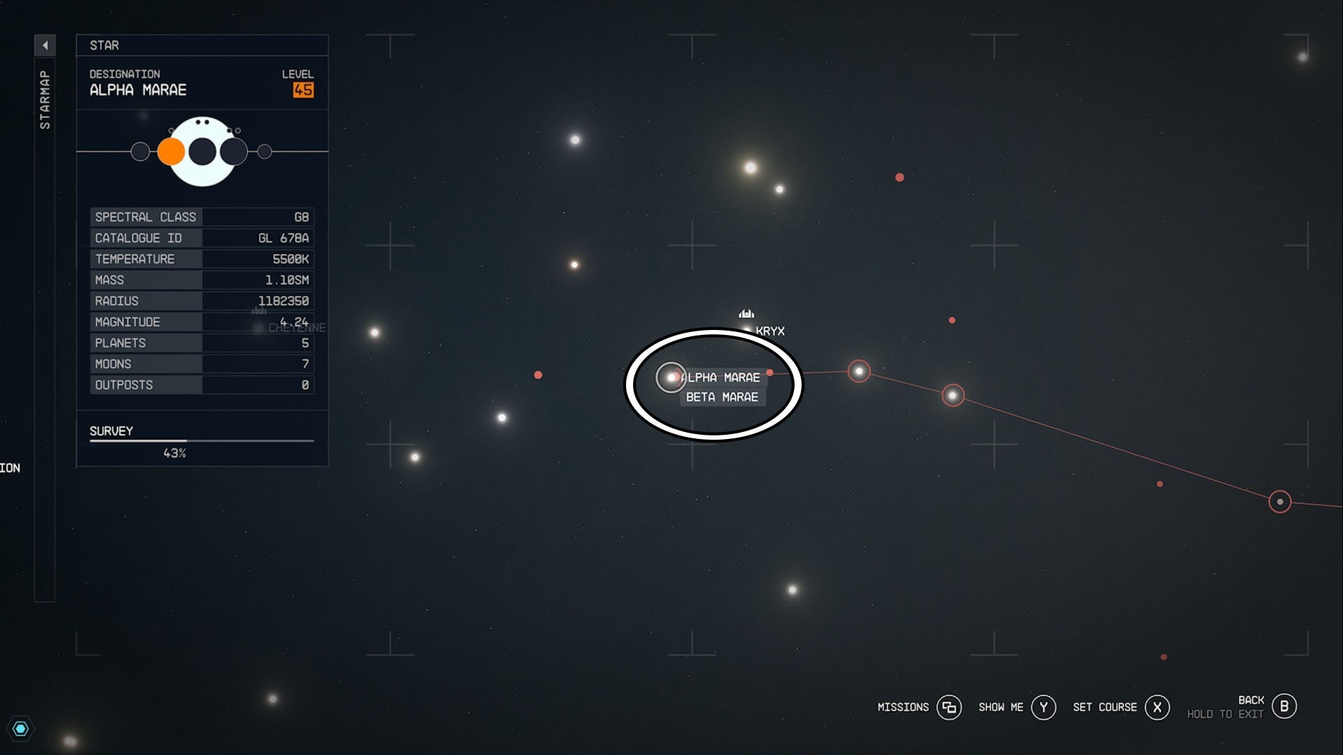 Ubicación del sistema Starfield Alpha Marae marcada con un círculo en el mapa estelar