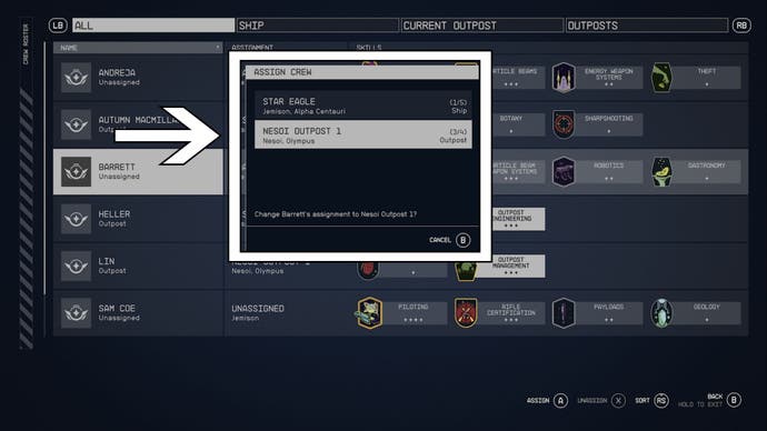 Starbield zuweisen Crew Nesoi Outpost Option