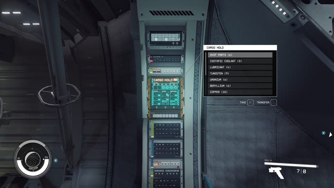 The player interacts with the cargo hold console in the cockpit of their ship in Starfield.