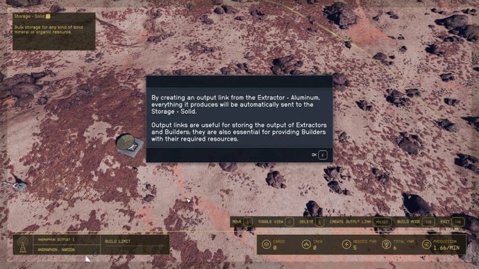 The player in Starfield reads a pop-up tutorial panel about output links.