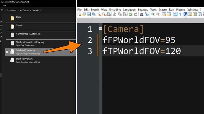Left: the Starfield game folder in Windows Explorer. Right: an opened text file changing FOV settings for Starfield.