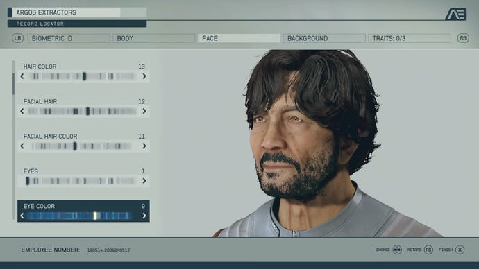 A screenshot from the Starfield character creator in the Face screen, with the player character's face on the right.