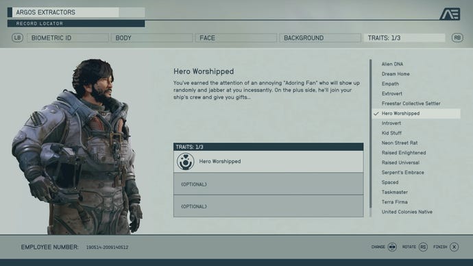 A screenshot from the Starfield character creator in the Traits screen, with the player character standing on the left.
