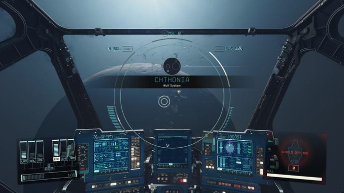 The player in Starfield arrives near Chthonia in the Wolf System in their ship cockpit.