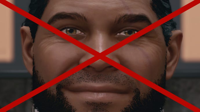 An extremey close-up of an NPC character's face in Starfield, with a red cross through it.