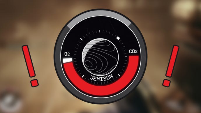 A close-up of the compass UI element in Starfield, with the oxygen bar almost fully red with CO2.