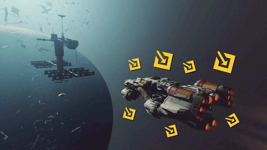 A ship in Starfield flies towards a space station. Lots of yellow contraband icons surround the ship.