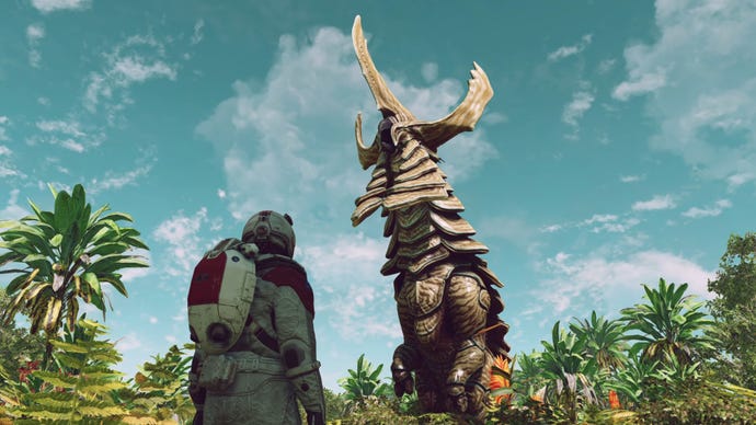 A large horned creature rears up in front of the player in a forest in Starfield.