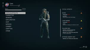 A status screen showing the blisters and lung damage afflictions in Starfield