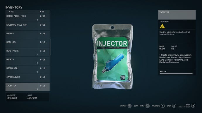 The player inventory in Starfield, with an Injector item selected.