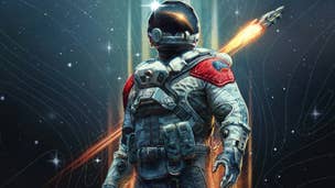 Artwork for Starfield showing a character wearing an astronaut suit with a spaceship blasting off in the background and stars.