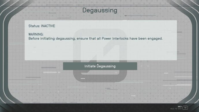 The player initiates degaussing in a Starfield terminal screen.