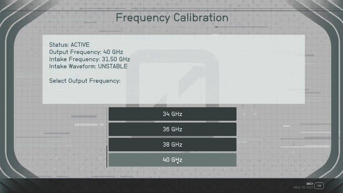 The player sets the frequency calibration to 40GHz in a Starfield terminal screen.