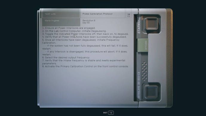The player in Starfield reads a text log of the probe calibration protocol during the Entangled mission.