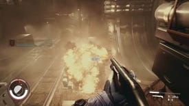 The player in Starfield runs down towards a grenade explosion in a metal room, holding a shotgun.