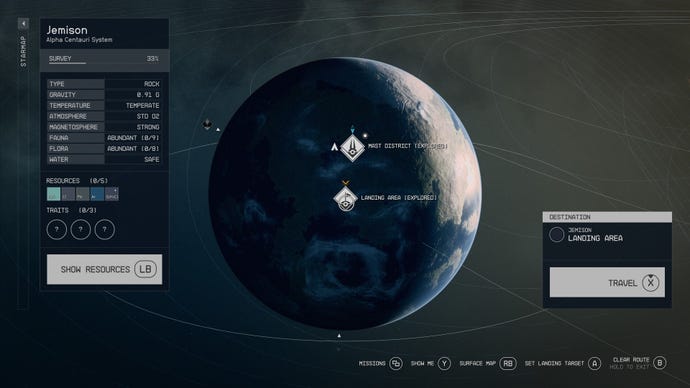 An overview of the planet Jemison in the Starfield starmap.