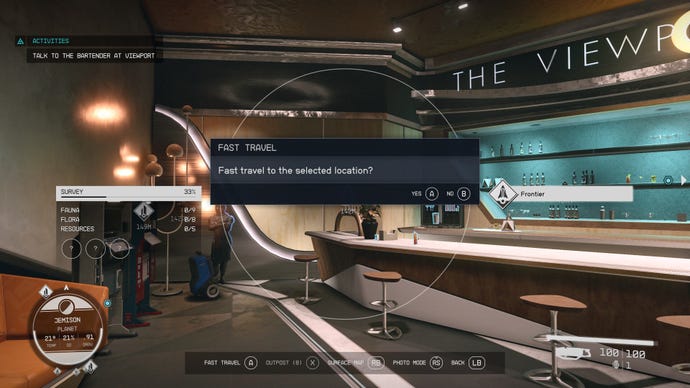 The player in Starfield stands in Viewport, a bar on Jemison, and confirms a request to fast travel elsewhere.