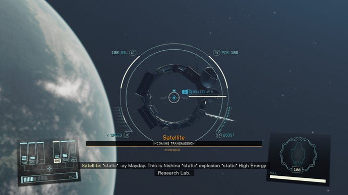 An incoming transmission from a nearby satellite issues players with a distress signal in Starfield.