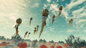 A cluster of floating alien creatures called Flocking Nautiloos Filterers float through the air on an alien planet in Starfield.