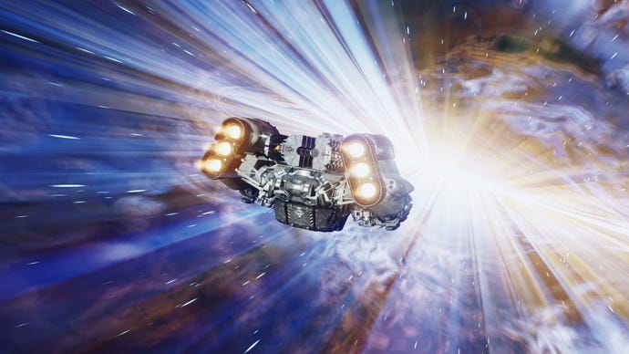 A spaceship gravjumping in a Starfield screenshot.