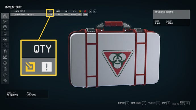 The player's inventory in Starfield, showing a box of Harvested Organs. A yellow icon denoting that the item is contraband is highlighted and enlarged.