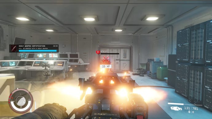 The player in Starfield shoots a Heavy Weapon at an enemy in a laboratory.