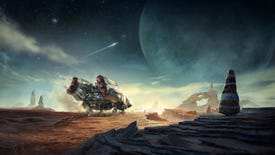 Promotional concept art of a Starfield ship landing on a desert planet.
