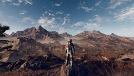 The player character looks out over a vast rocky vista in Starfield