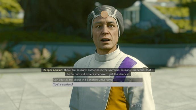 Le joueur de Starfield parle au gardien Aquilus lors d'une mission de l'histoire principale.