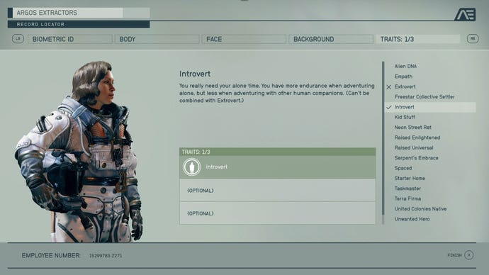 The trait selection screen during Starfield's character creation process. The trait selected is Introvert.
