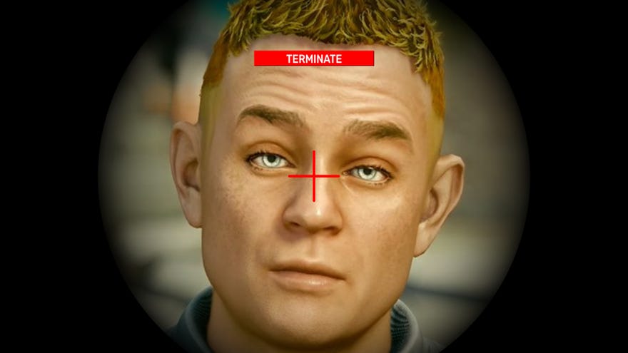 A close-up of the Adoring Fan's face in Starfield, seen through a sniper scope aimed directly between his eyes. The word "TERMINATE" appears in red above his head.