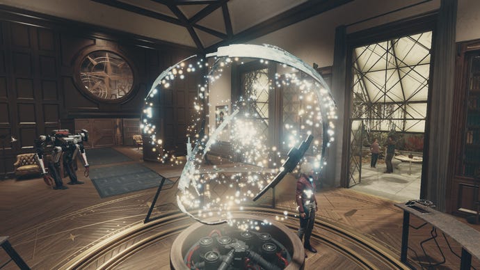 The interior of the Lodge, headquarters of Constellation in Starfield, with the incomplete set of artifacts floating around the central podium.