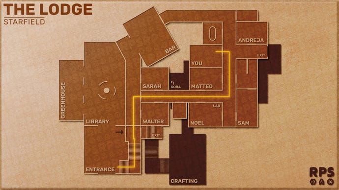 A custom-made 2D top-down map of The Lodge building in Starfield, annotated with a yellow line showing the path to get from the entrance to the player's room.