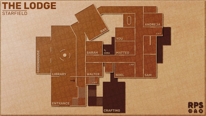 A The Lodge at Starfield testre szabott 2D-s, felülről lefelé mutató térképe, különféle szobákkal.