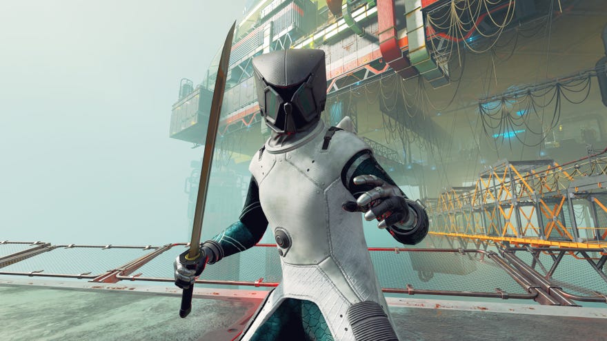 A player in Starfield stands in front of the city of Neon wearing full Mantis gear and wielding a Wakizashi sword.
