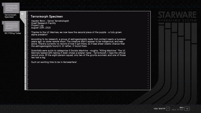 A terminal screen in Starfield, showing a note about a Terrormorph specimen. The screen is in Dark Mode thanks to the Dark Mode For Terminals mod.